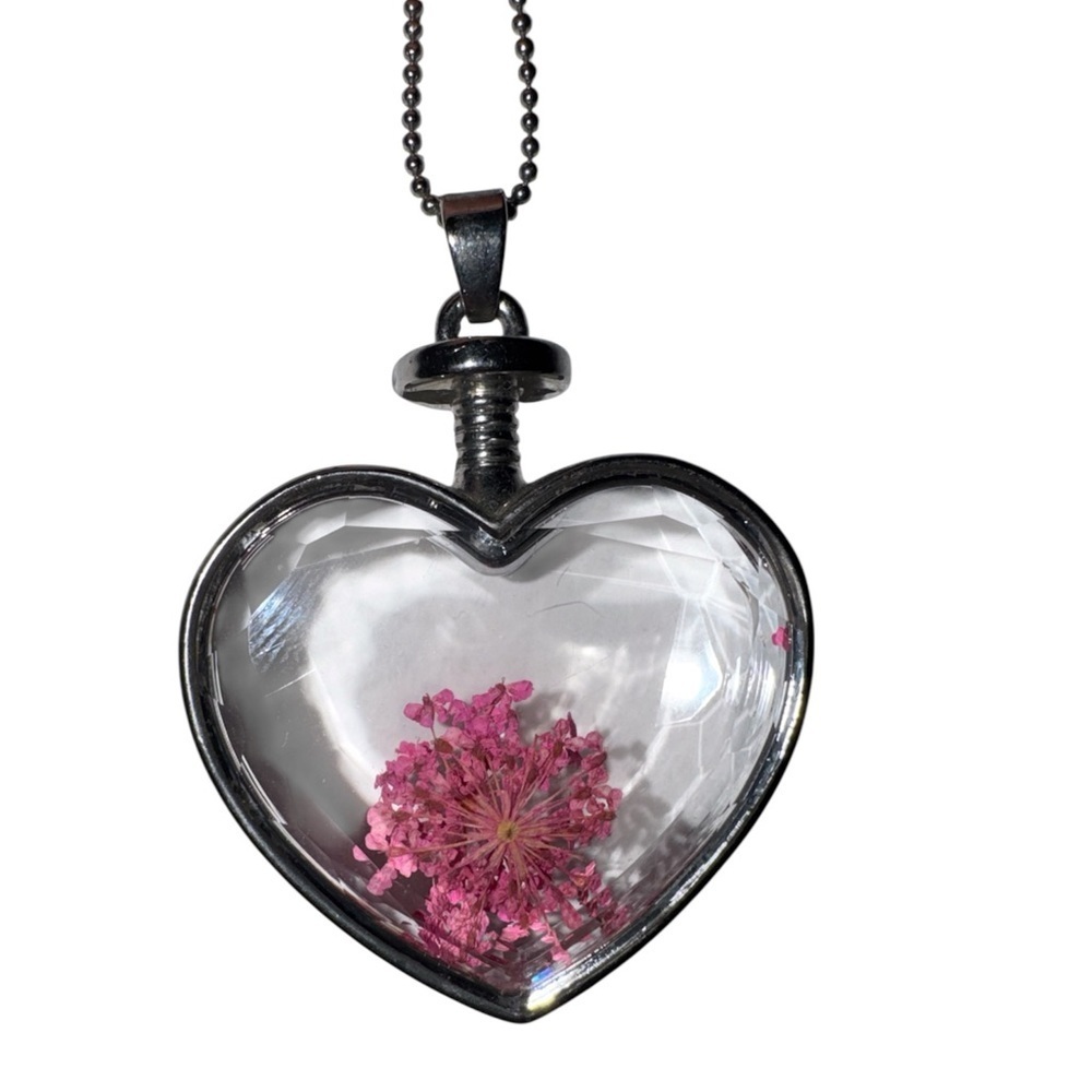 Silver Heart Locket Necklace with Pink Flower - Picture 4 of 4